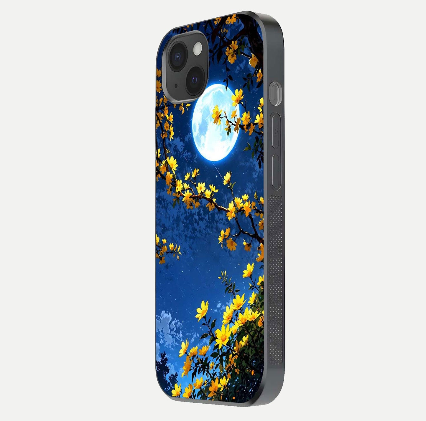 Golden Night Glow Glass Case for iPhone 15 Plus side-angle image showing reflection clarity and elegant golden tone