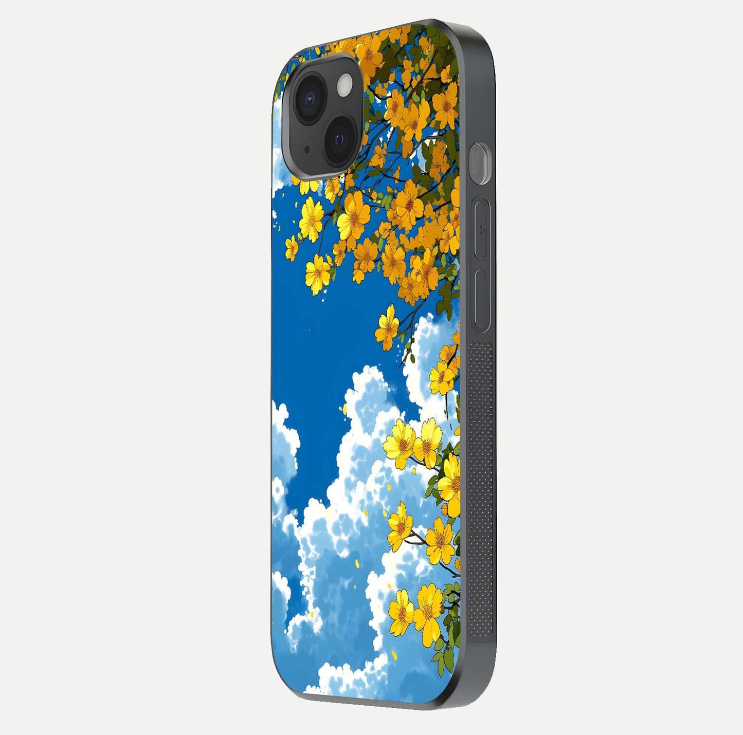 Golden Petal Sky Glass Case for iPhone 15 Plus side-angle image showing reflection depth and metallic floral tones
