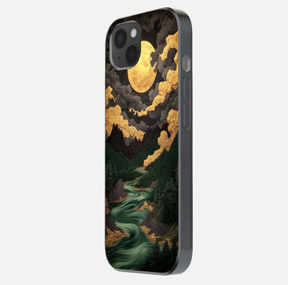 Golden River Moon Glass Case for iPhone 15 Plus side-angle image showing reflection clarity and detailed nightscape