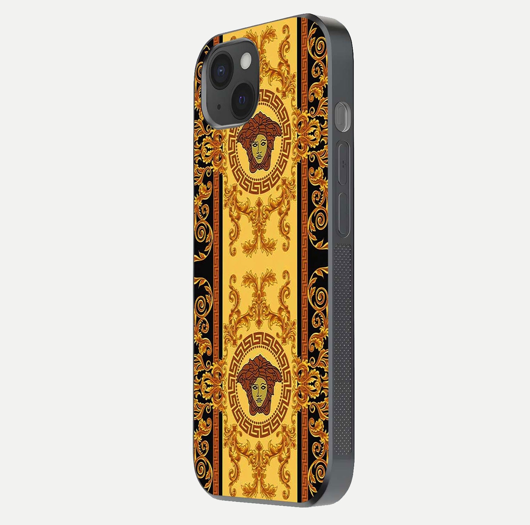 Golden Royal Heritage Glass Case for iPhone 15 Plus side-angle image showing reflection glow and luxury detailing