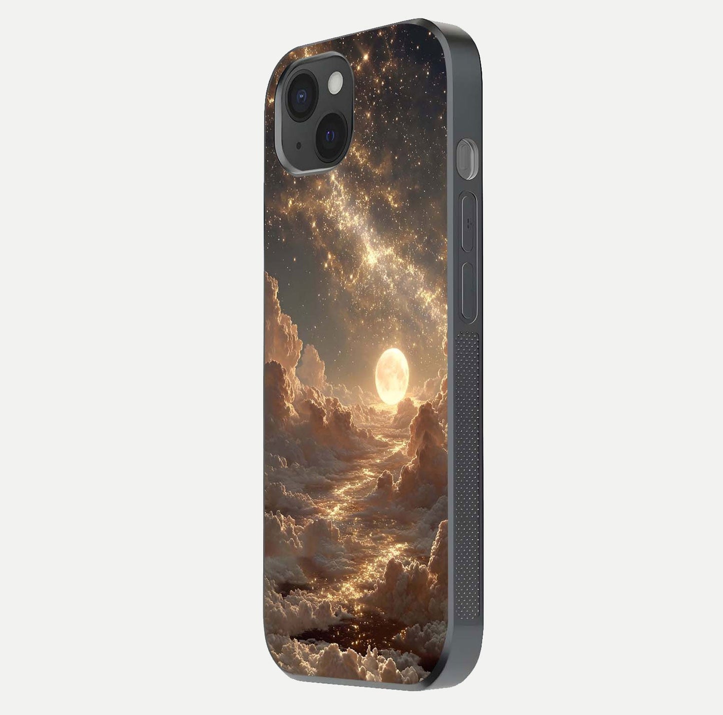 Golden Sky Dream Glass Case for iPhone 15 Plus side-angle image showing reflection shine and smooth surface