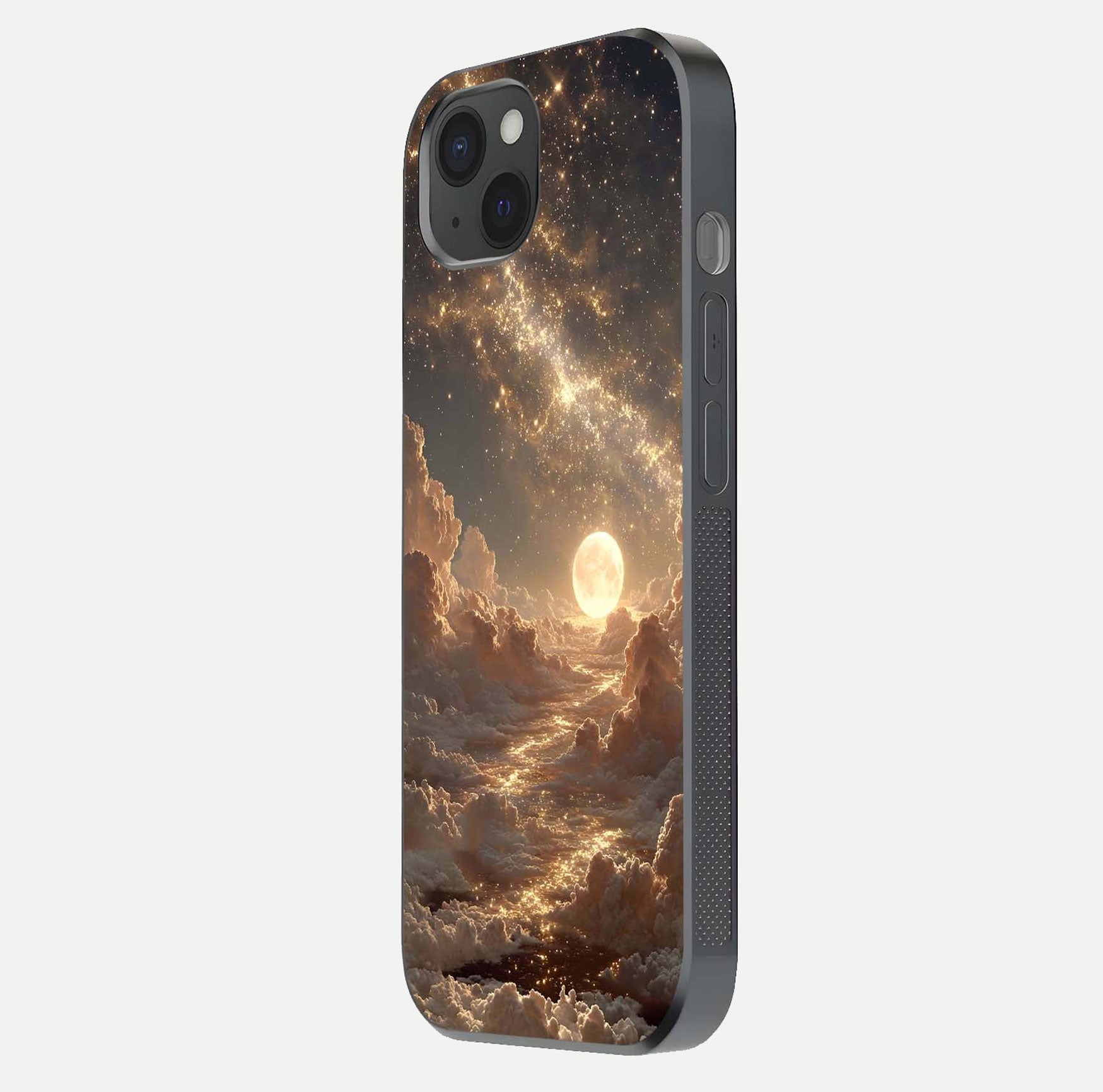 Golden Sky Dream Glass Case for iPhone 15 Plus side-angle image showing reflection shine and smooth surface