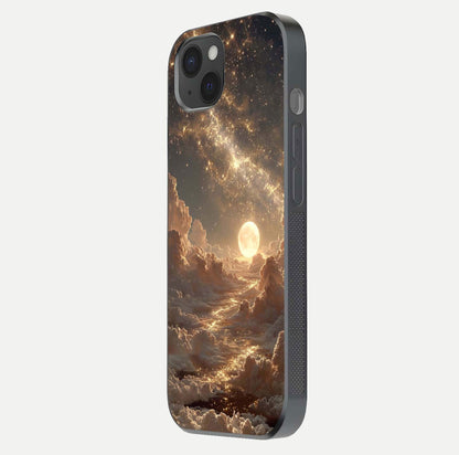 Golden Sky Dream Glass Case for iPhone 15 Plus side-angle image showing reflection shine and smooth surface