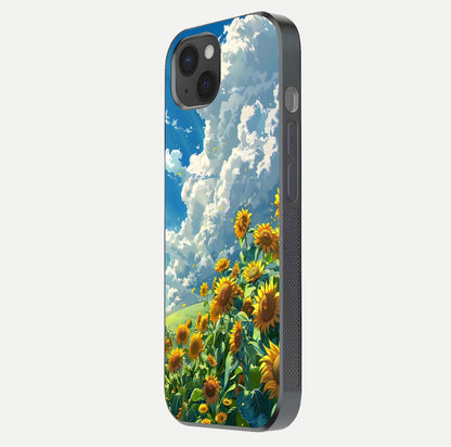 Golden Sun Glory Glass Case for iPhone 15 Plus side-angle image showing reflection glow and luminous texture