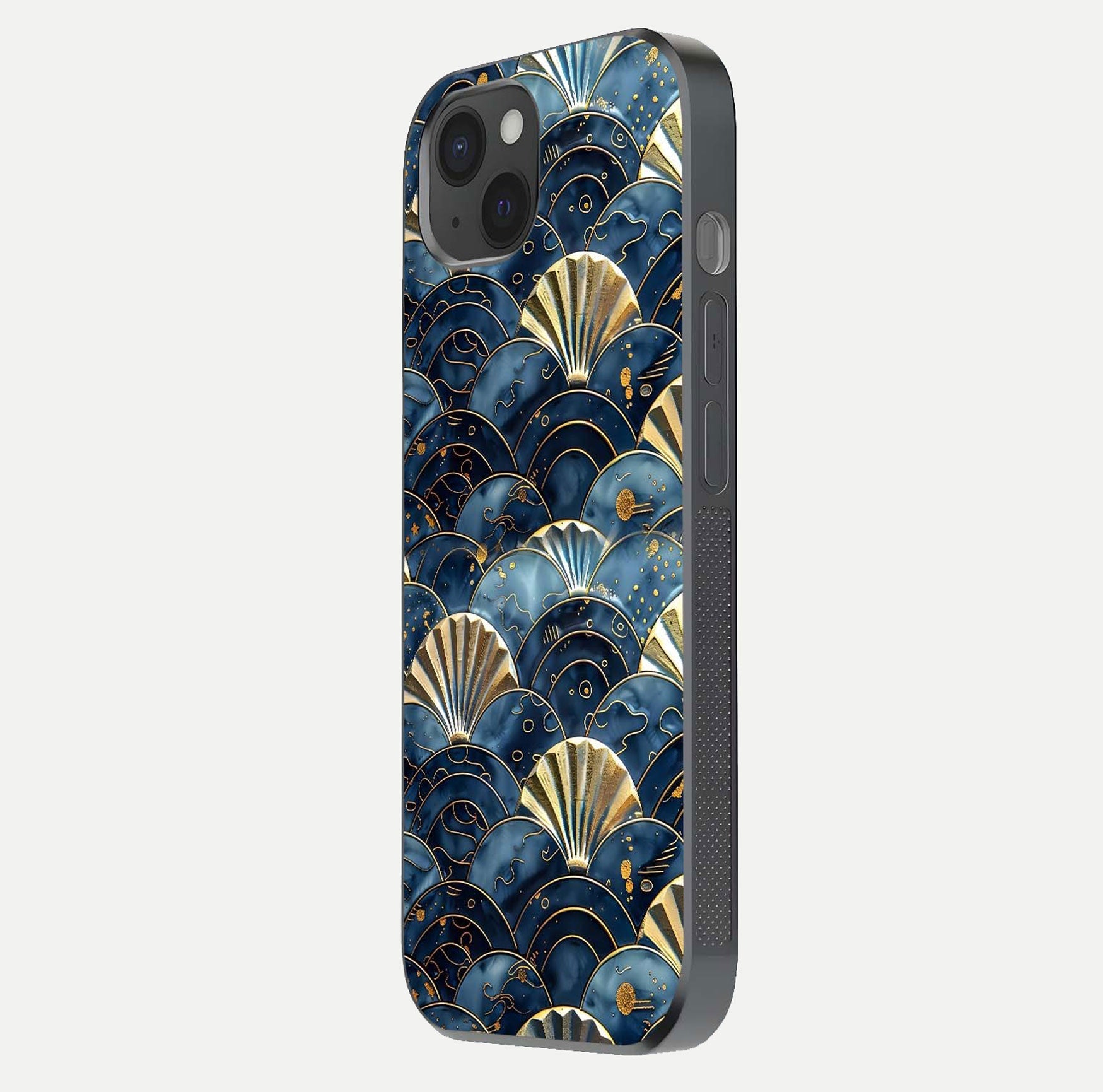 Golden Wave Luxe Glass Case for iPhone 15 Plus side-angle image showing reflection clarity and polished finish