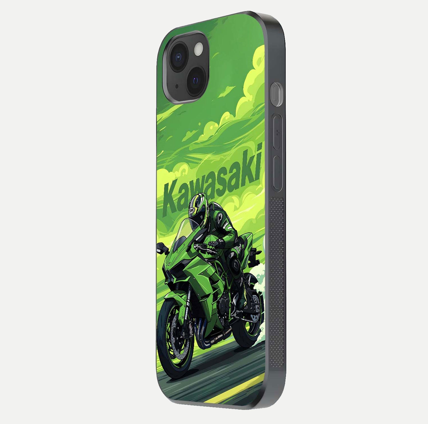 Green Kawasaki Glass Case for iPhone 15 Plus side-angle image showing reflection depth and metallic green accent
