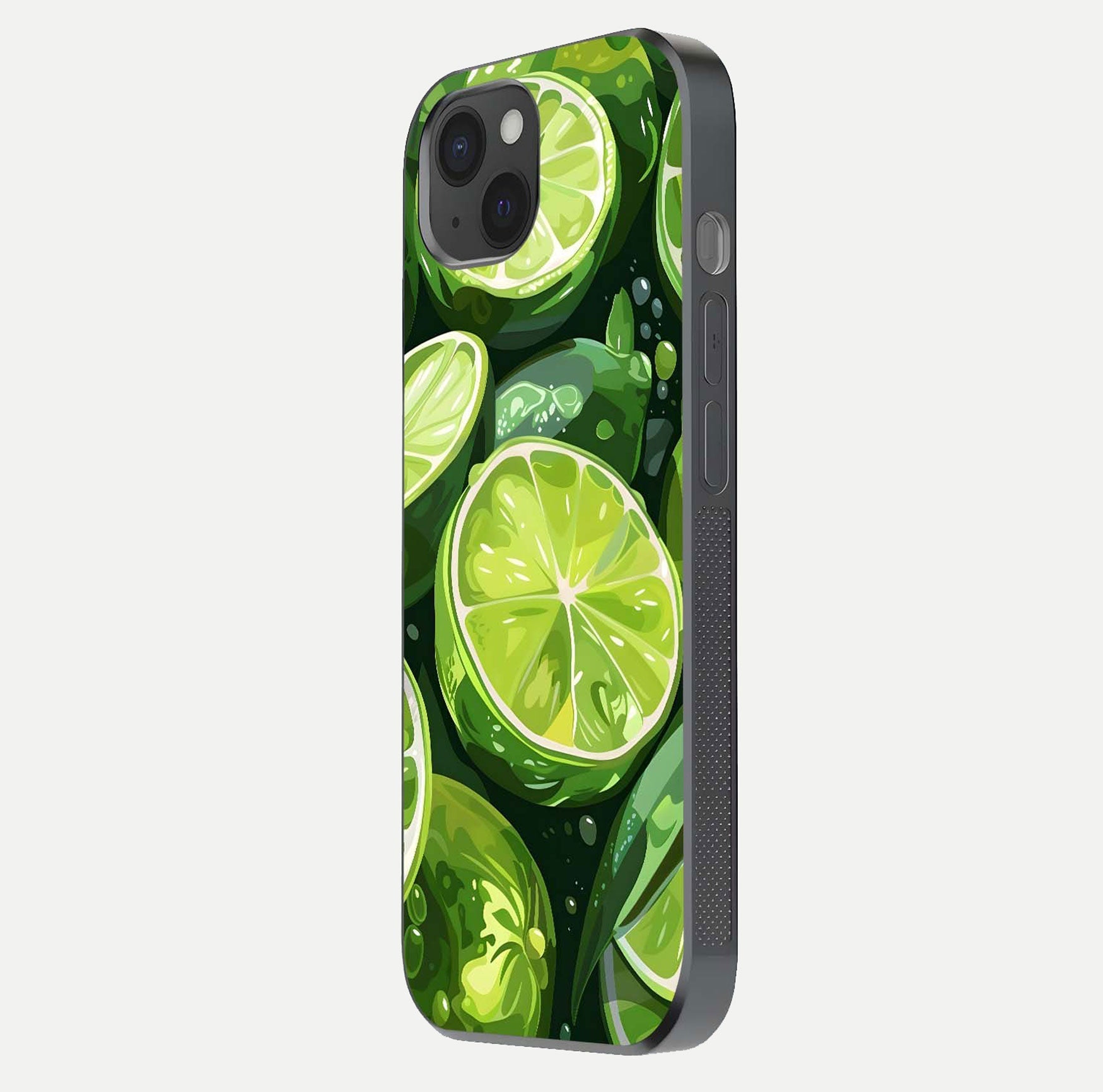 Green Lemon Glass Case for iPhone 15 Plus side-angle image showing reflection glow and juicy color tones
