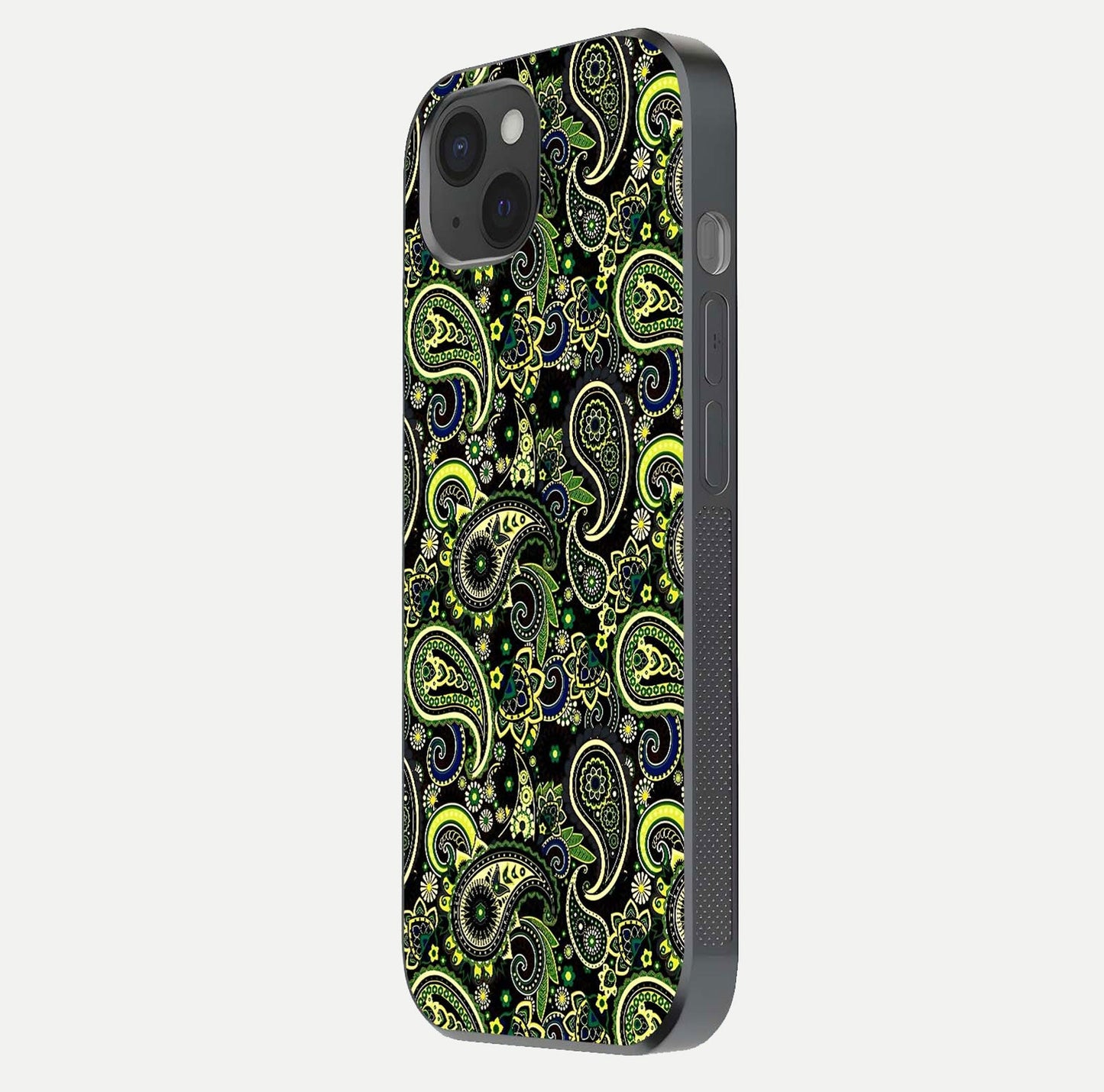 Green Mandala Pattern Glass Case for iPhone 15 Plus side-angle image showing reflection clarity and detailed pattern lines