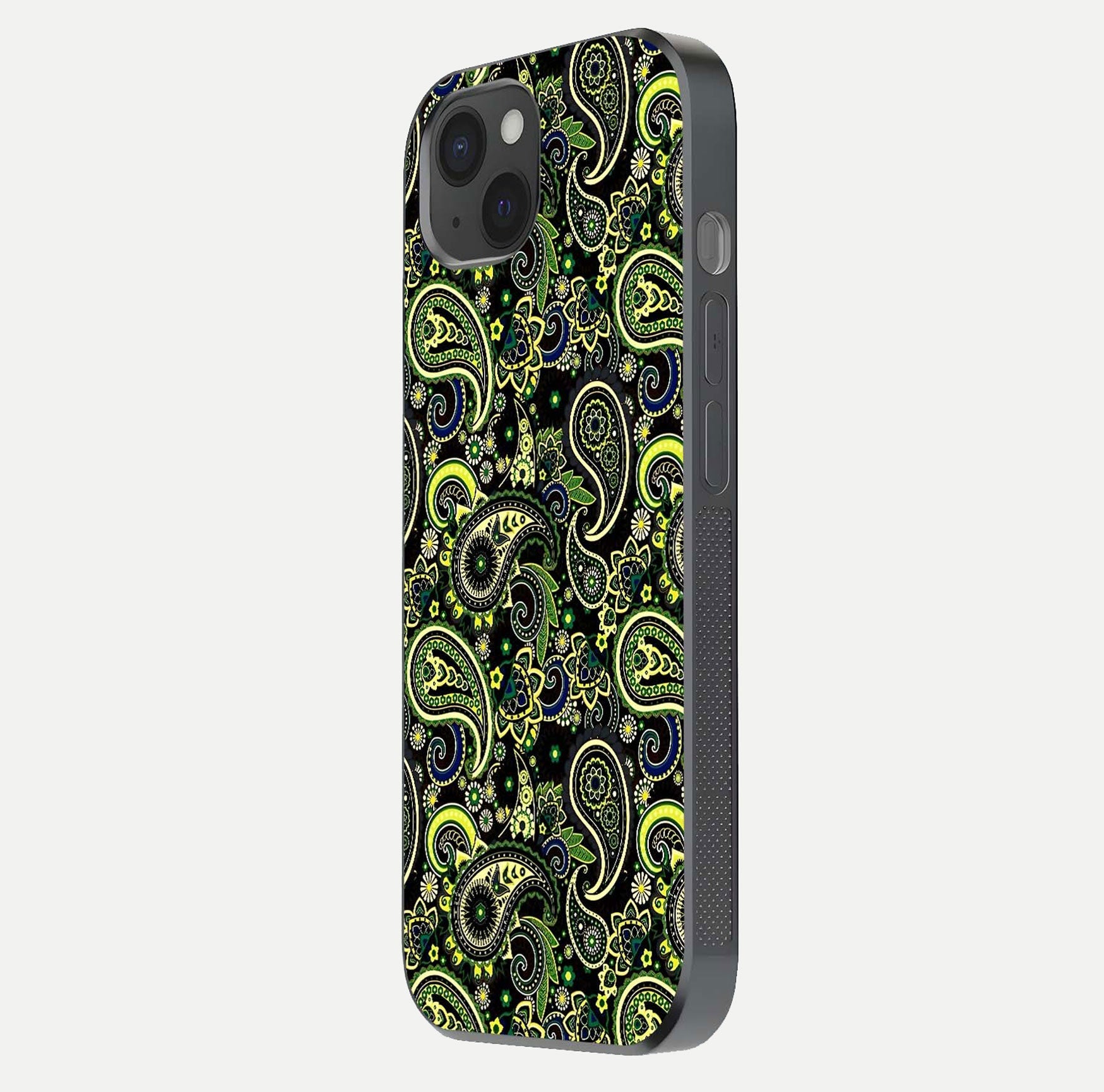 Green Mandala Pattern Glass Case for iPhone 15 Plus side-angle image showing reflection clarity and detailed pattern lines