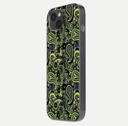 Green Mandala Pattern Glass Case for iPhone 15 Plus side-angle image showing reflection clarity and detailed pattern lines