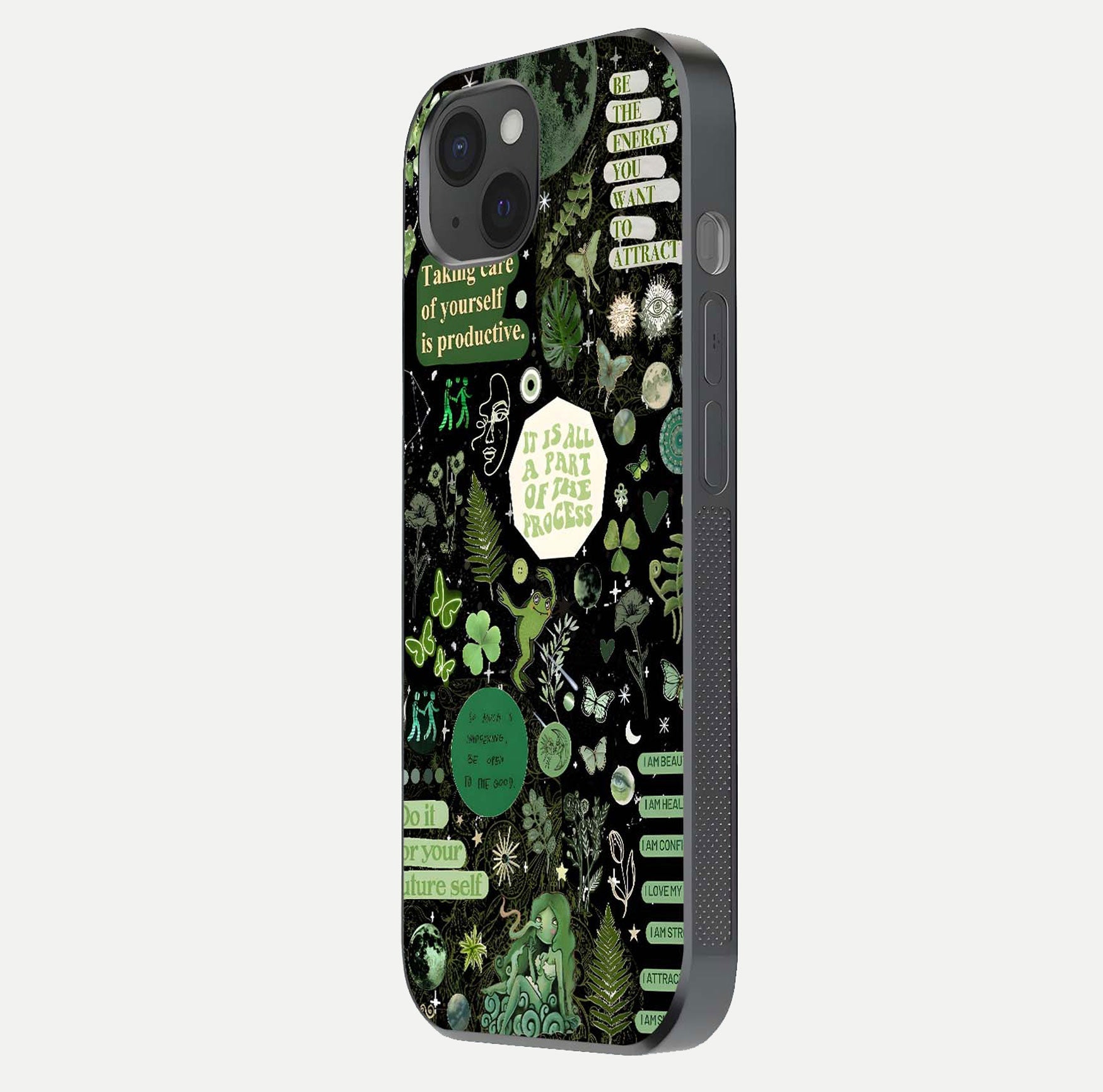 Green Moon Energy Glass Case for iPhone 15 Plus side-angle image showing reflection brilliance and curved finish