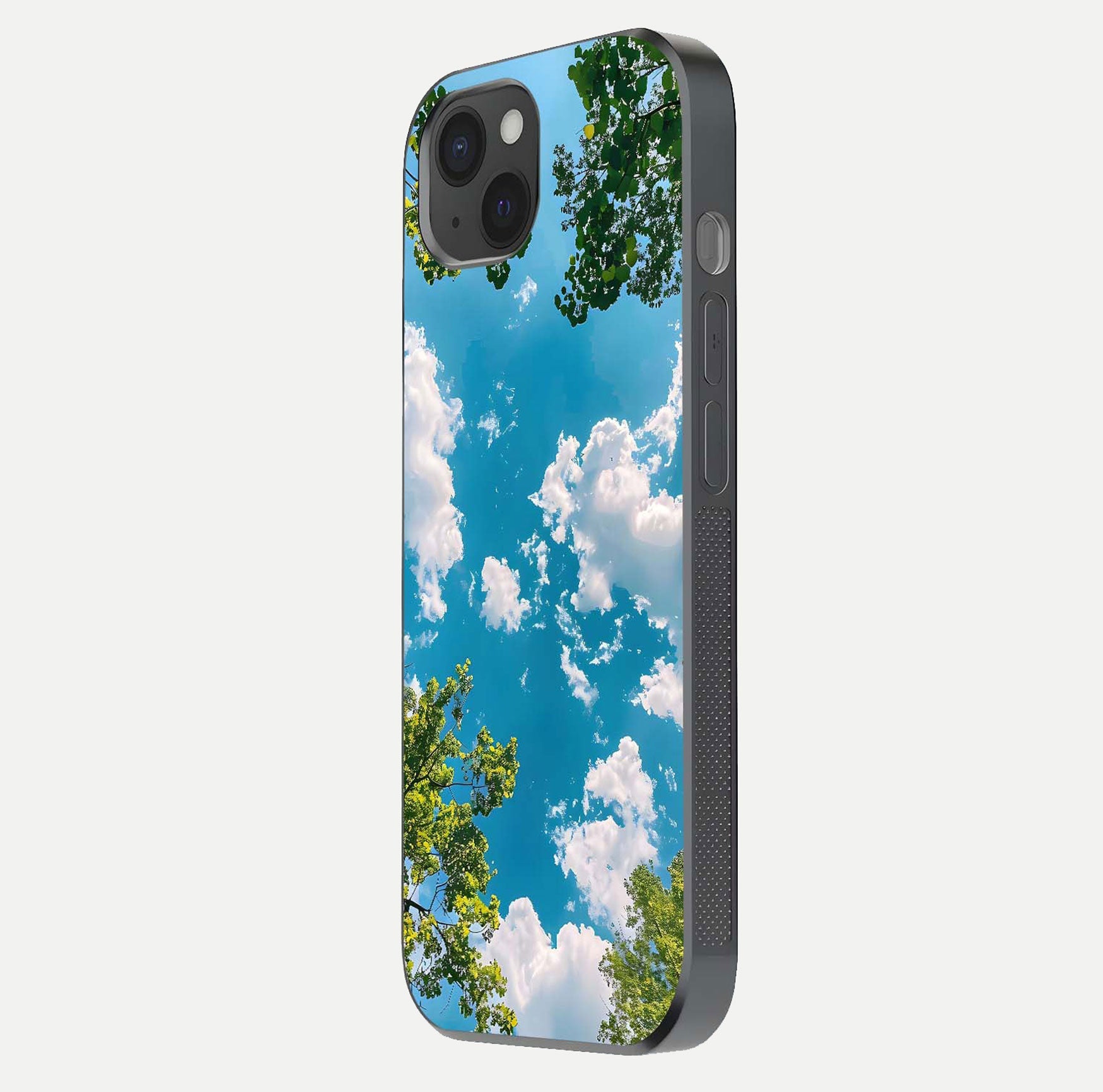 Greenery Sky Glass Case for iPhone 15 Plus side-angle image showing reflection glow and nature-themed pattern