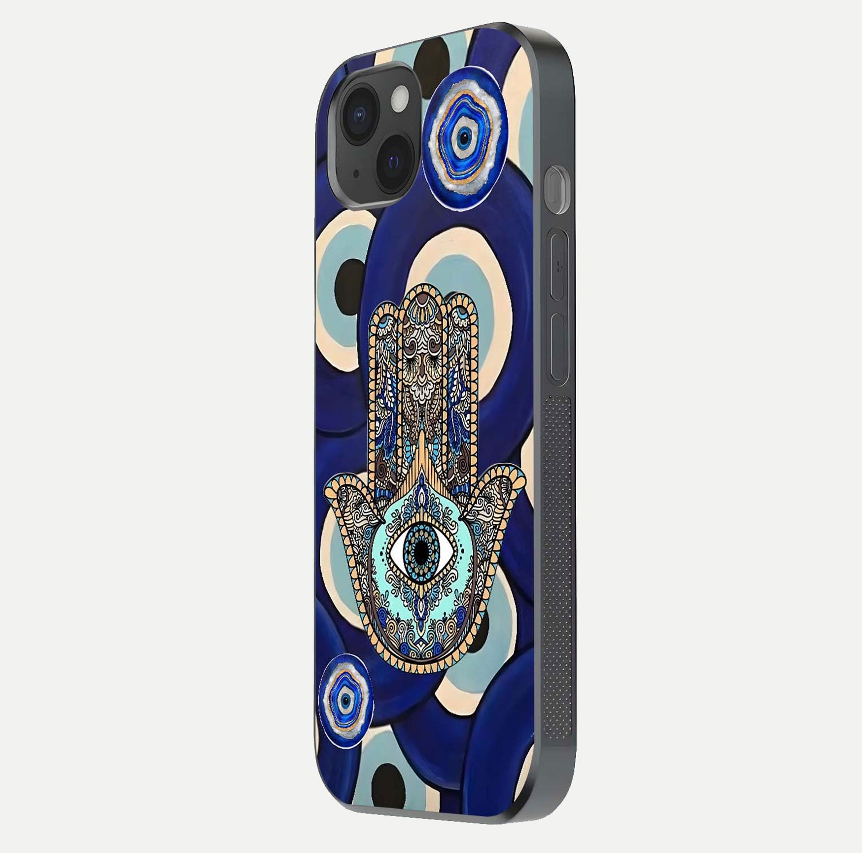 Hamsa Divine Guard Glass Case for iPhone 15 Plus side-angle image showing reflection brilliance and protective design