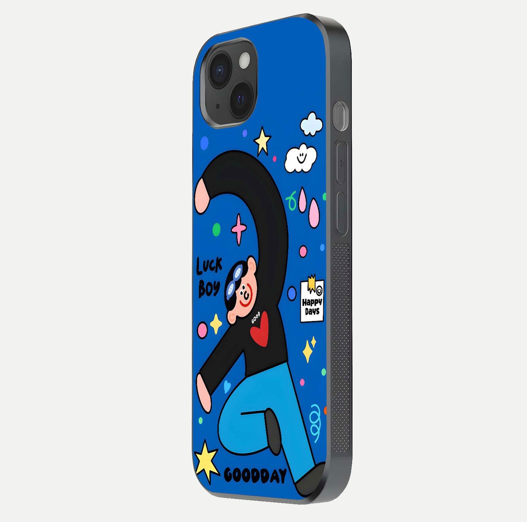 Happy Luck Vibe Glass Case for iPhone 15 Plus side-angle image showing reflection polish and vivid charm design