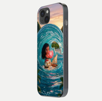 Heart of Ocean Glass Case for iPhone 15 Plus side-angle image showing reflection clarity and deep ocean texture