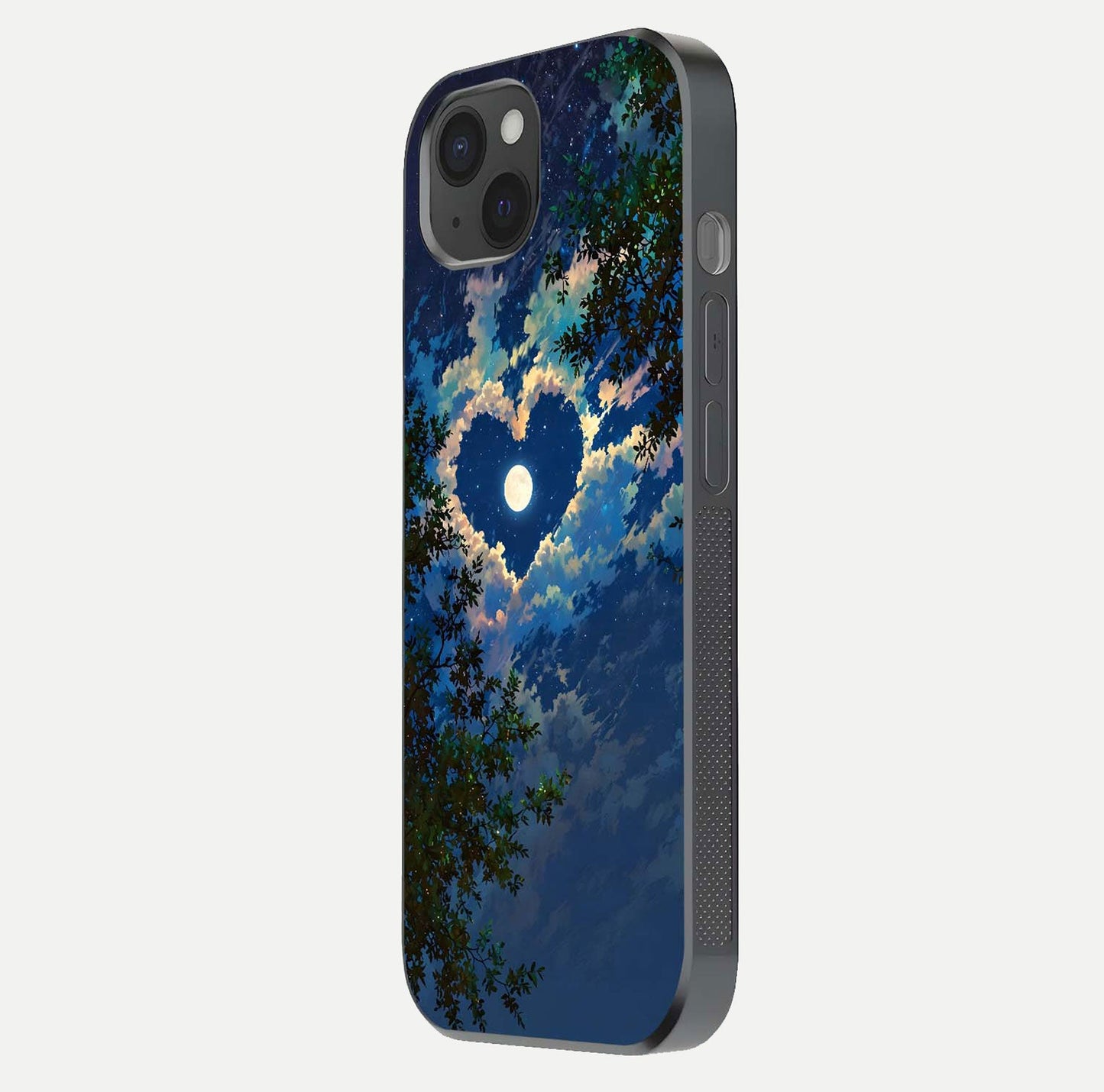 Heart with Moon Sky Glass Case for iPhone 15 Plus side-angle image showing reflection brightness and soft tone finish
