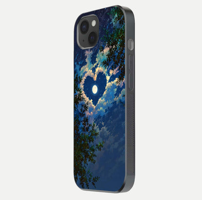 Heart with Moon Sky Glass Case for iPhone 15 Plus side-angle image showing reflection brightness and soft tone finish