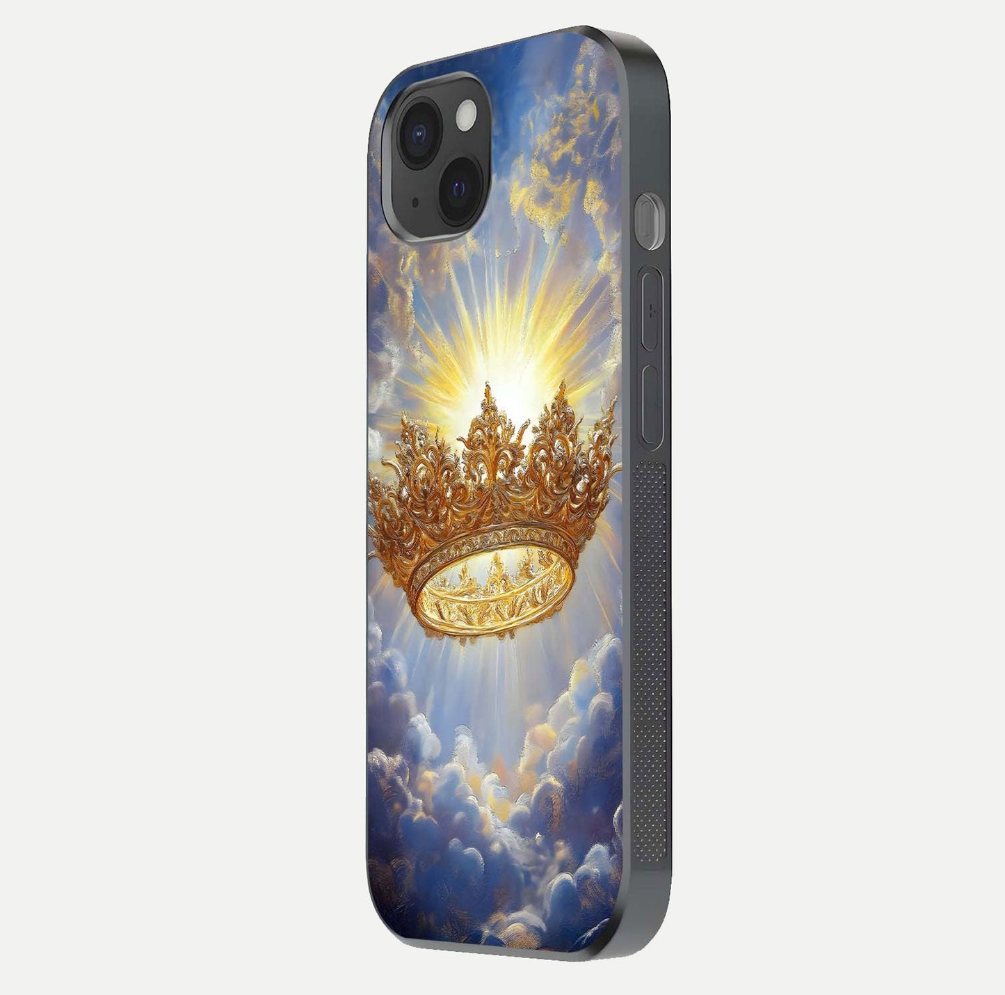 Heavenly Crown Light Glass Case for iPhone 15 Plus side-angle image showing reflection brilliance and elegant divine art