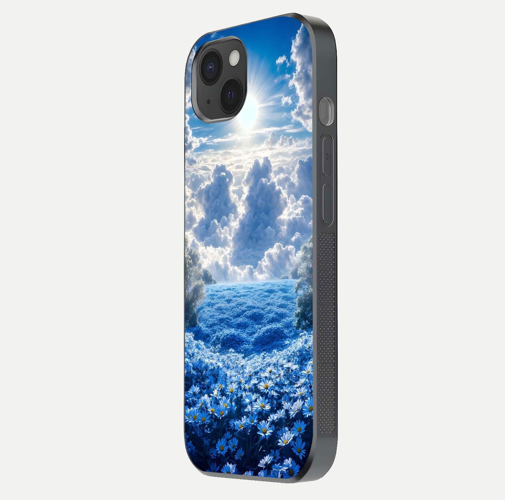 Heavenly Daisy Horizon Glass Case for iPhone 15 Plus side-angle image showing reflection depth and floral glow