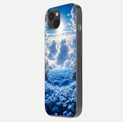 Heavenly Daisy Horizon Glass Case for iPhone 15 Plus side-angle image showing reflection depth and floral glow
