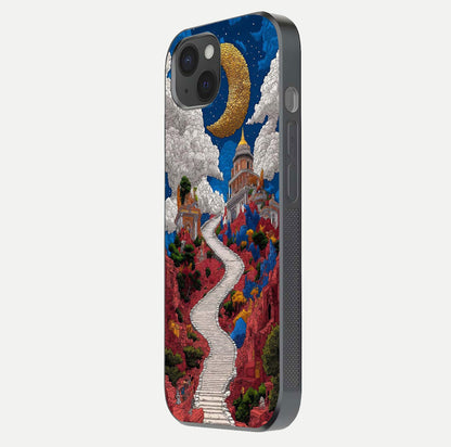 Heavenly Moon Path Glass Case for iPhone 15 Plus side-angle image showing reflection clarity and serene moon glow
