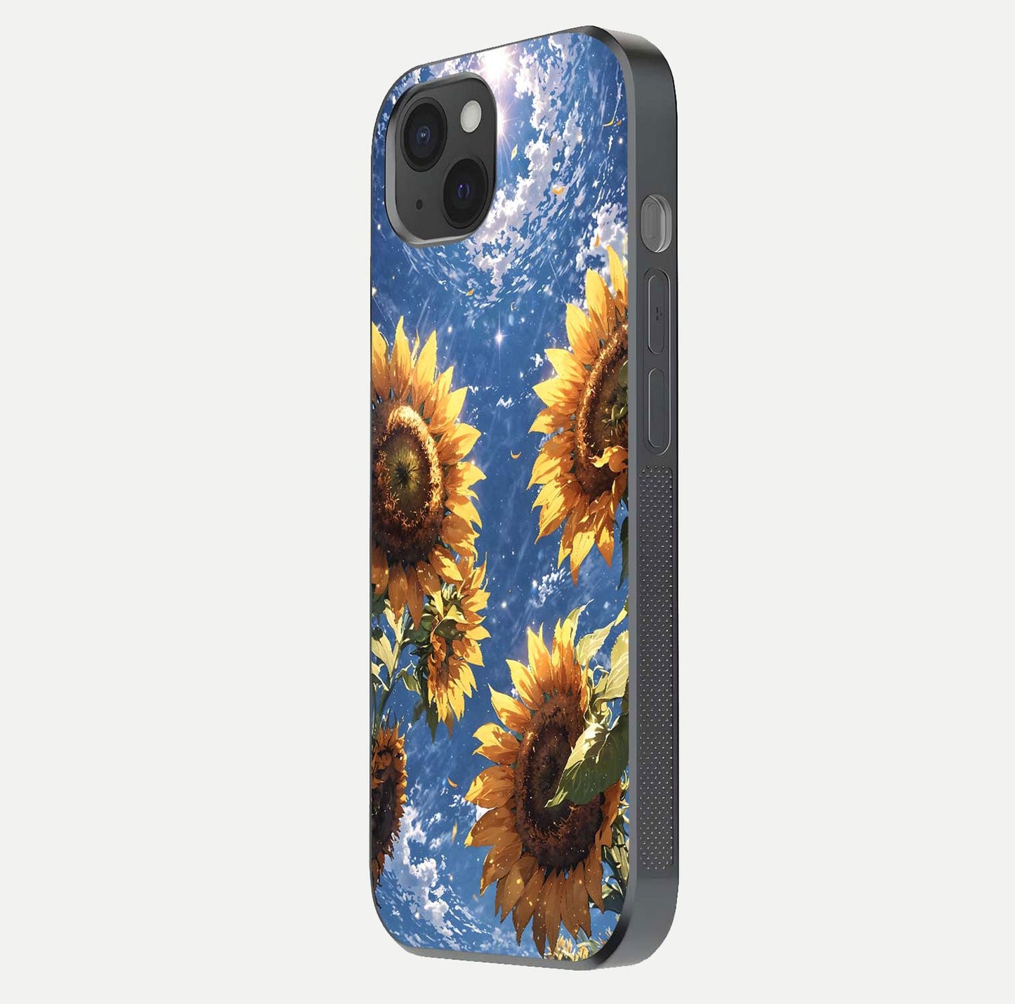 Heavenly Sunflower Rise Glass Case for iPhone 15 Plus side-angle image showing reflection glow and soft yellow tone