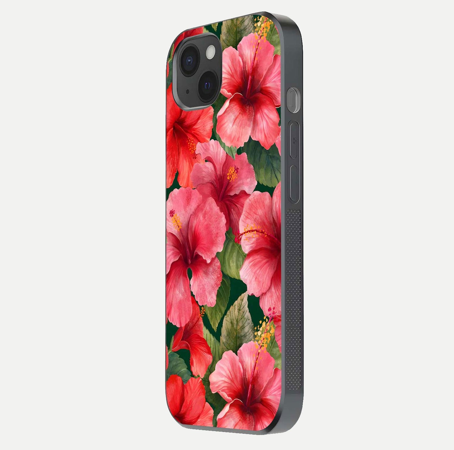 Hibiscus Pattern Glass Case for iPhone 15 Plus side-angle image showing reflection brightness and floral detailing