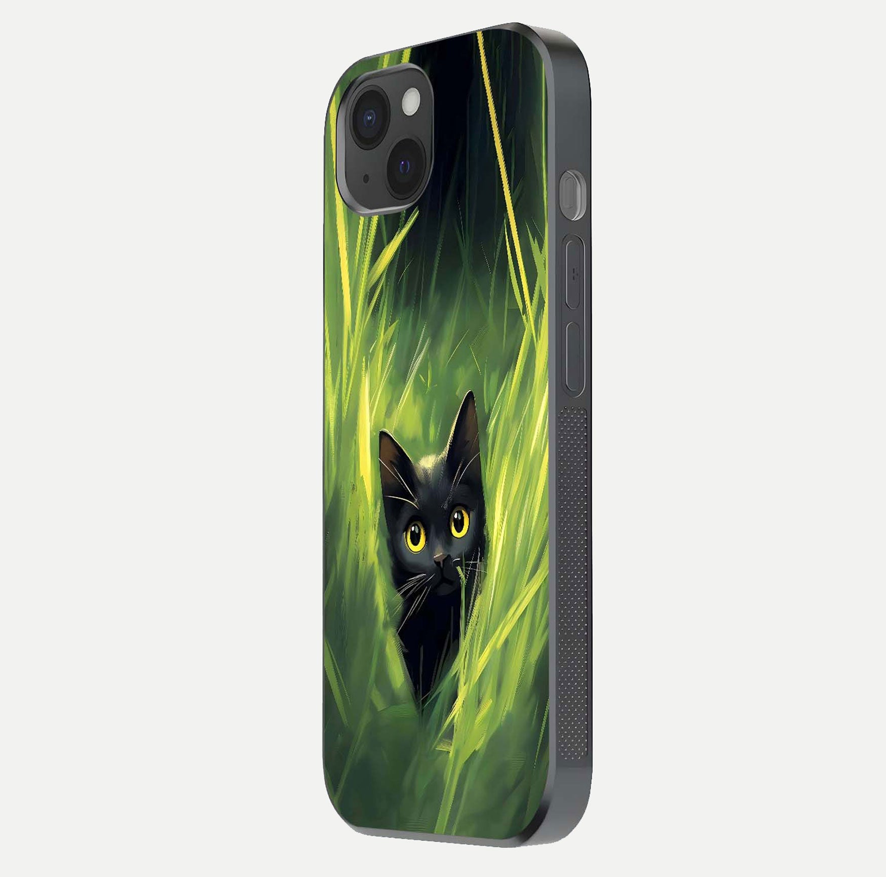 Hidden Cat Whisper Glass Case for iPhone 15 Plus side-angle image showing reflection glow and subtle artistic texture