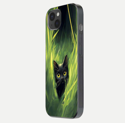 Hidden Cat Whisper Glass Case for iPhone 15 Plus side-angle image showing reflection glow and subtle artistic texture
