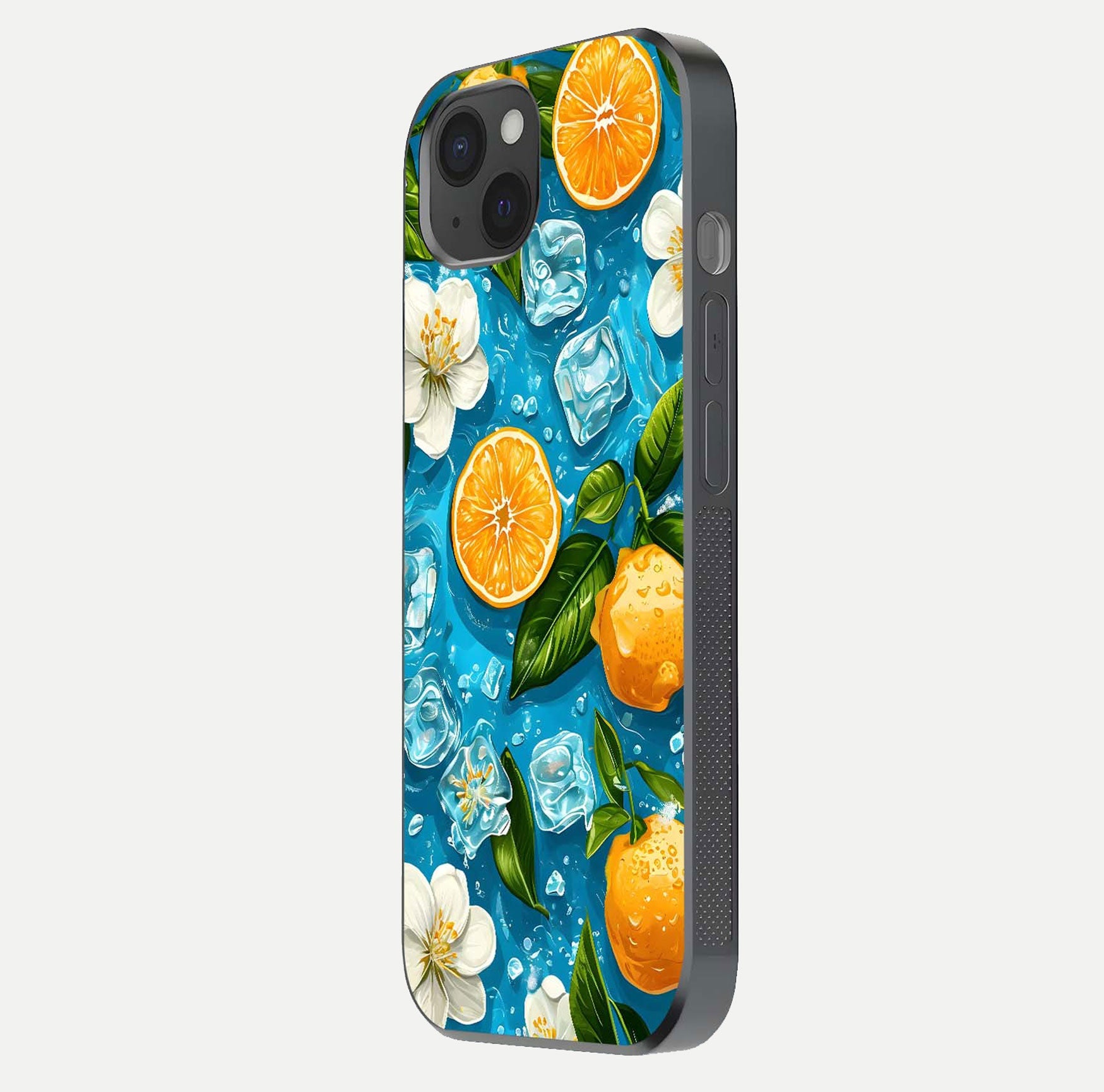 Ice Cube With Orange Glass Case for iPhone 15 Plus side-angle image showing reflection brightness and juicy pattern detail