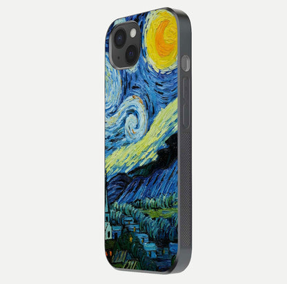 Inspired Van Gogh Art Glass Case for iPhone 15 Plus side-angle image showing reflection brilliance and painted surface look