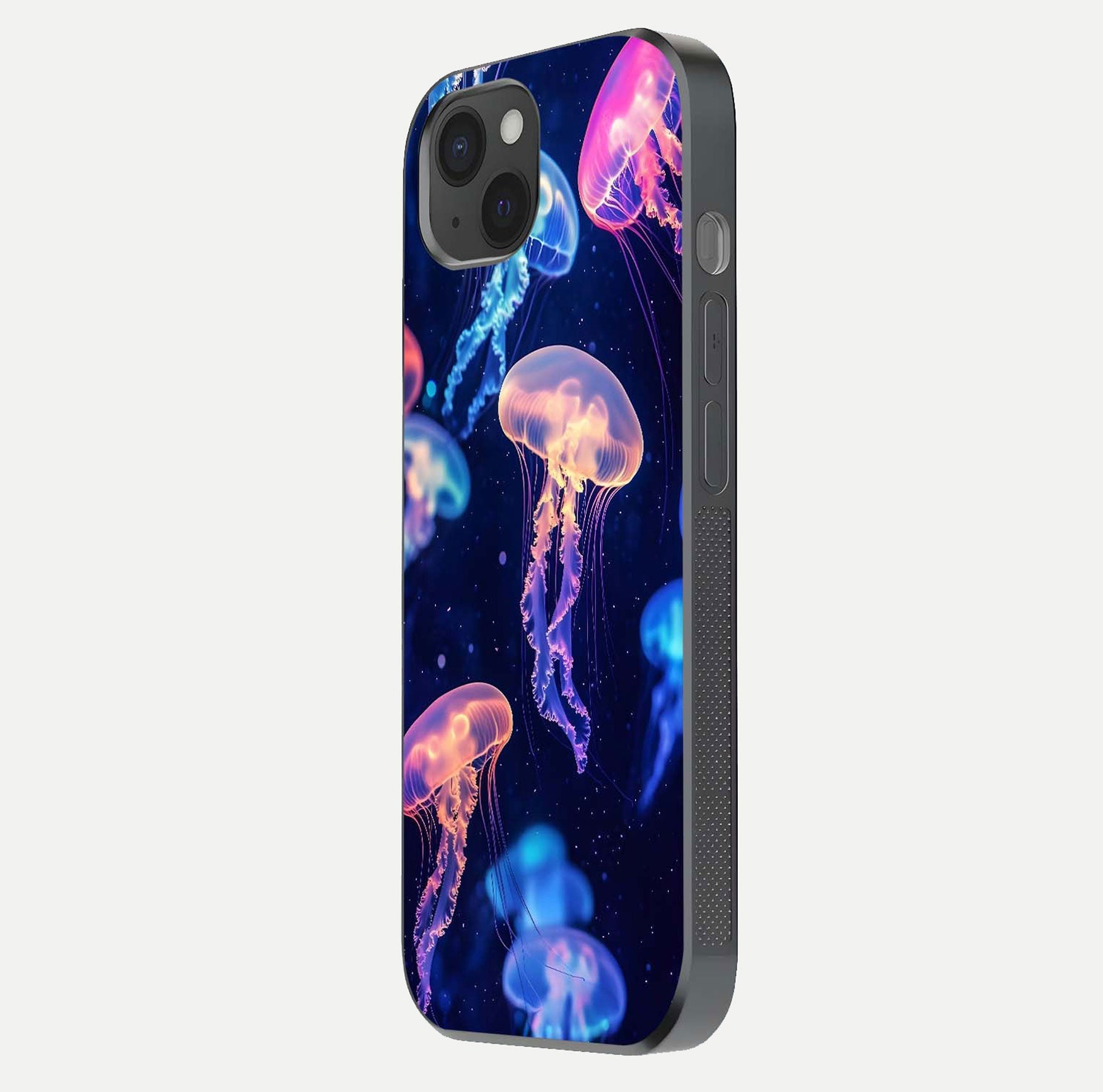 Jellyfish Pattern Glass Case for iPhone 15 Plus side-angle image showing reflection glow and soft water-blue gradient