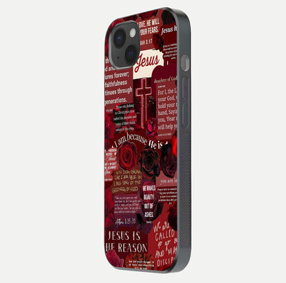 Jesus Love Heals Glass Case for iPhone 15 Plus side-angle image highlighting gloss depth and spiritual aura