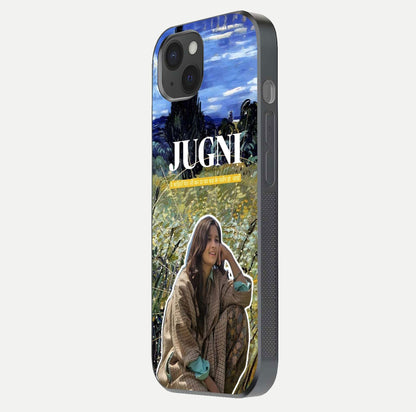 Jugni Soul Vibes Glass Case for iPhone 15 Plus side-angle image with stylish typography and HD finish