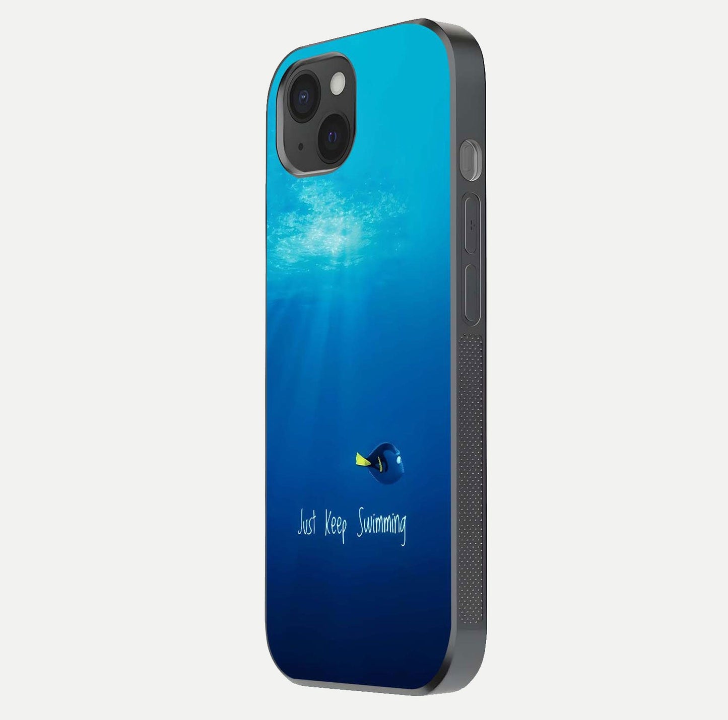 Just Keep Swimming Glass Case for iPhone 15 Plus side-angle image highlighting reflective surface and positive quote