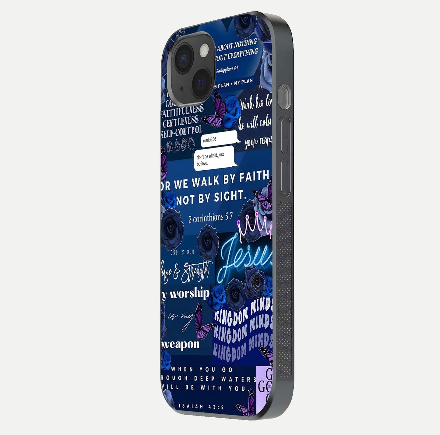 Kingdom Faith Glow Glass Case for iPhone 15 Plus side-angle image with reflective cross and faith glow