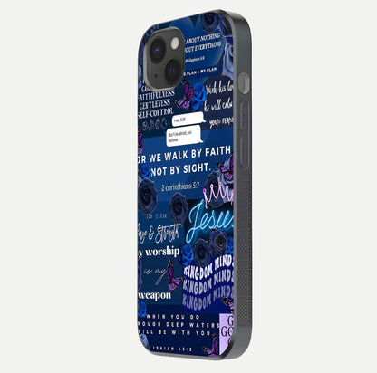 Kingdom Faith Glow Glass Case for iPhone 15 Plus side-angle image with reflective cross and faith glow