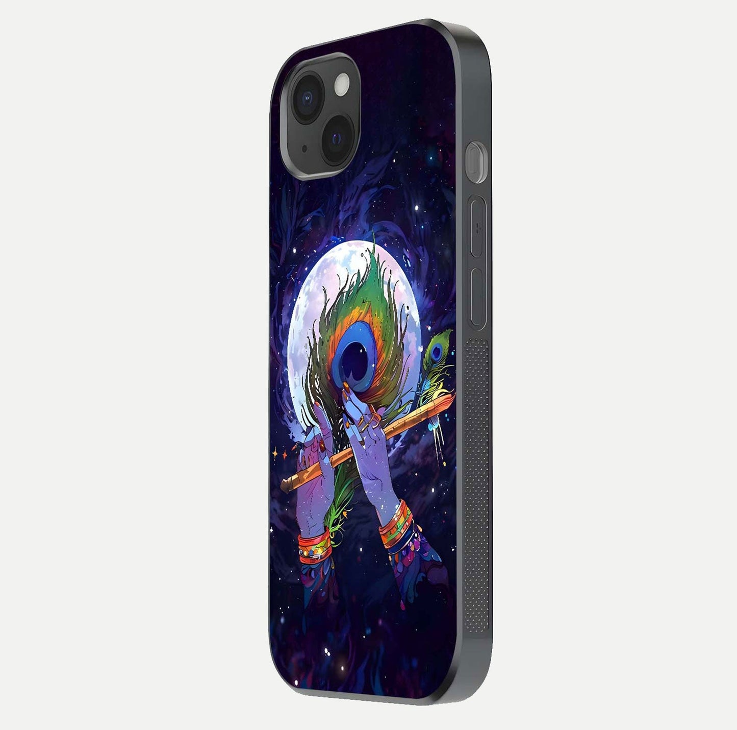 Krishna Hands Art Glass Case for iPhone 15 Plus side-angle image highlighting reflection brightness and vivid print
