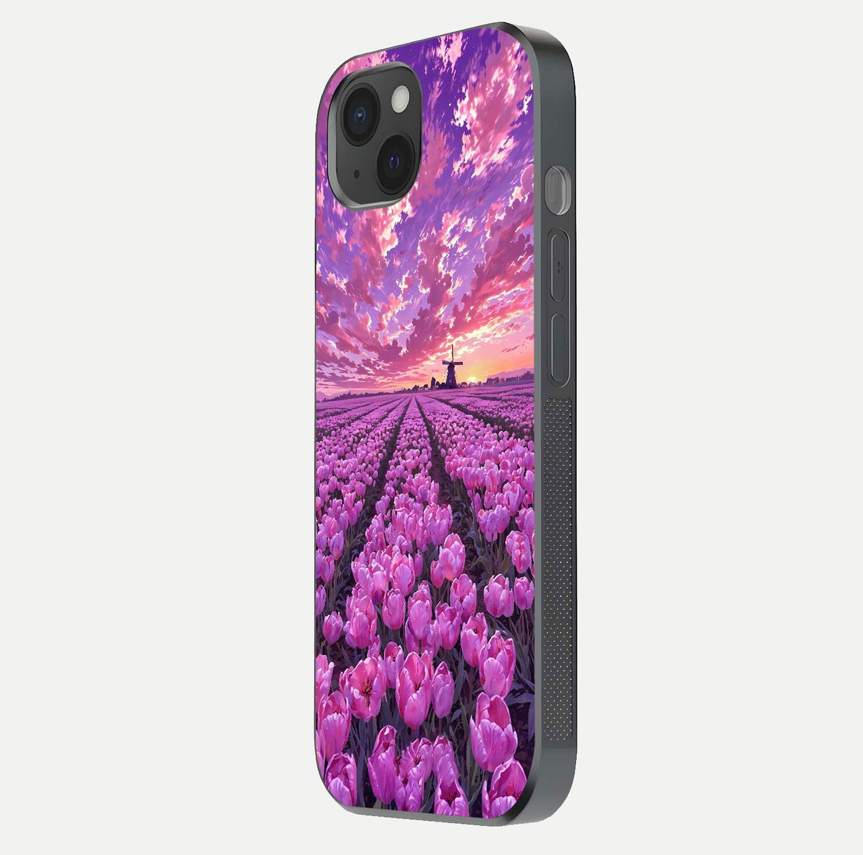 Lavender Dream Skies Glass Case for iPhone 15 Plus side-angle image showing reflection depth and serene tones