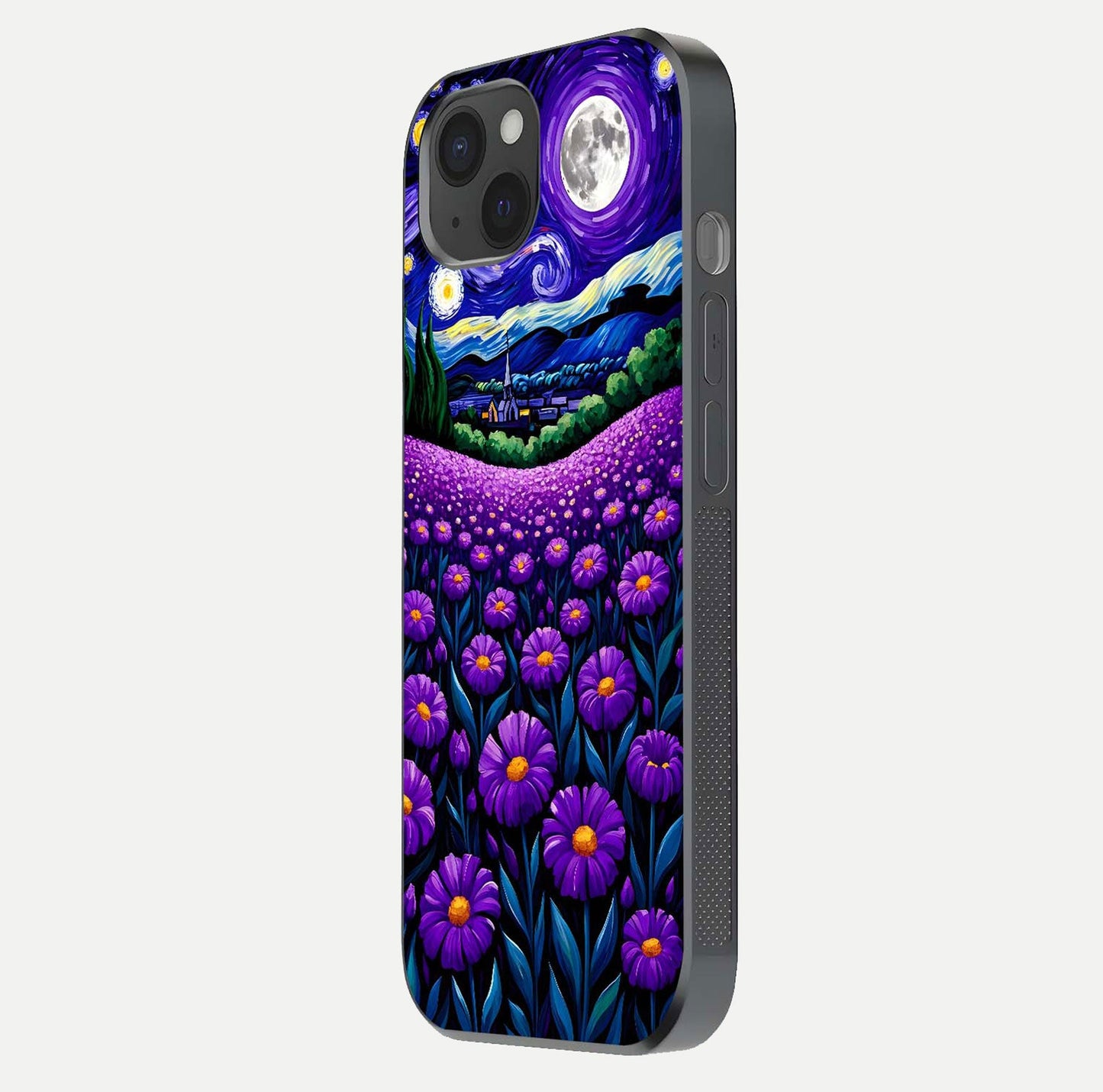 Lavender Moon Field Glass Case for iPhone 15 Plus side-angle image showing HD reflection and moonlit lavender art