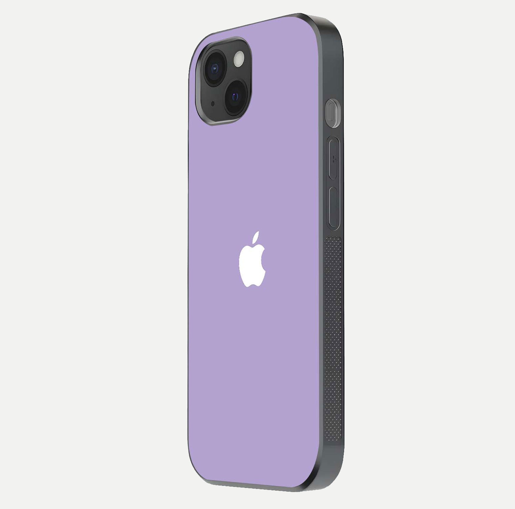 Lavender Soft Minimal Glass Case for iPhone 15 Plus side-angle image showing smooth reflection and minimal look