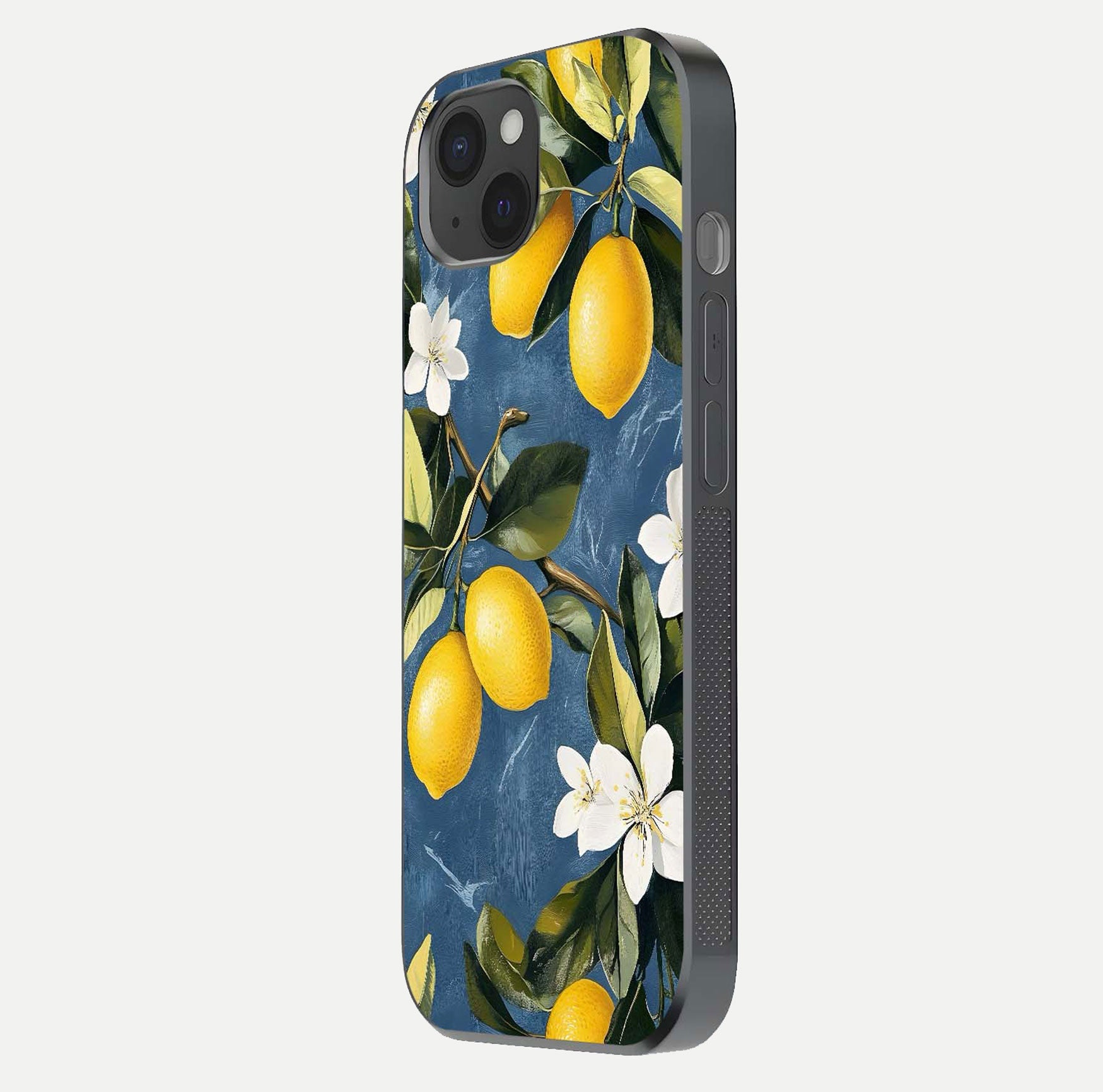 Lemon Dream Garden Glass Case for iPhone 15 Plus side-angle image showing reflection clarity and artistic fruit design