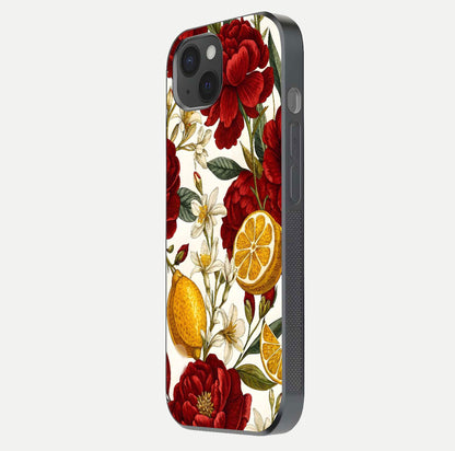 Lemon Rose Charm Glass Case for iPhone 15 Plus side-angle image revealing reflection depth and vibrant flower art