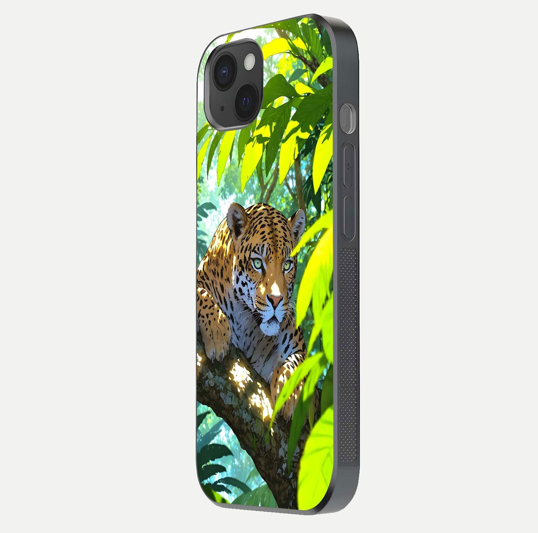 Leopard in Jungle Glass Case for iPhone 15 Plus side-angle shot emphasizing contrast and fierce design clarity