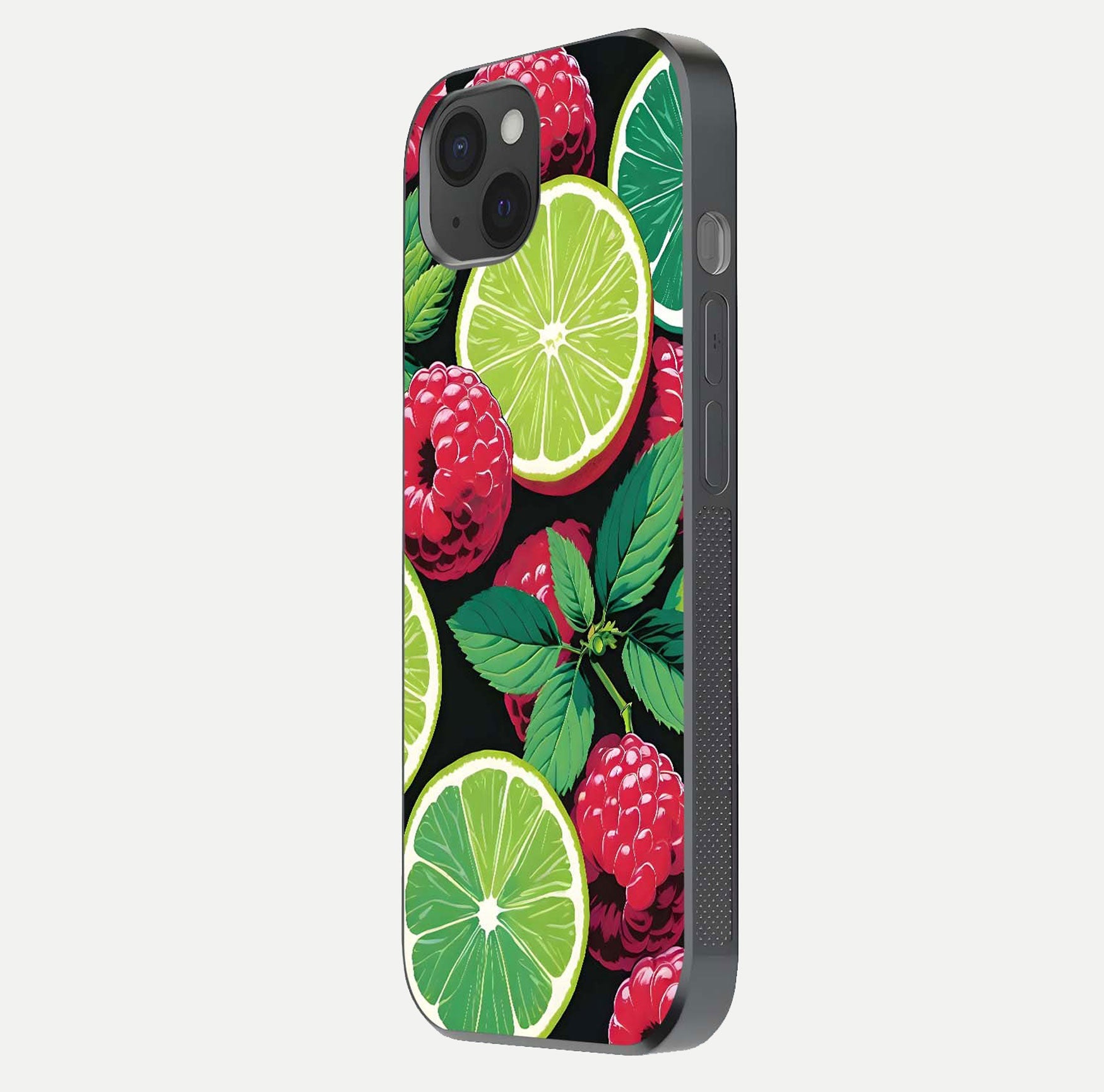 Lime and Raspberry Pattern Glass Case for iPhone 15 Plus side-angle view revealing colorful fruit artwork details