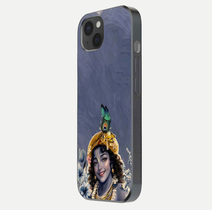 Lord Krishna Glass Case for iPhone 15 Plus side-angle image emphasizing premium reflection and sacred motif