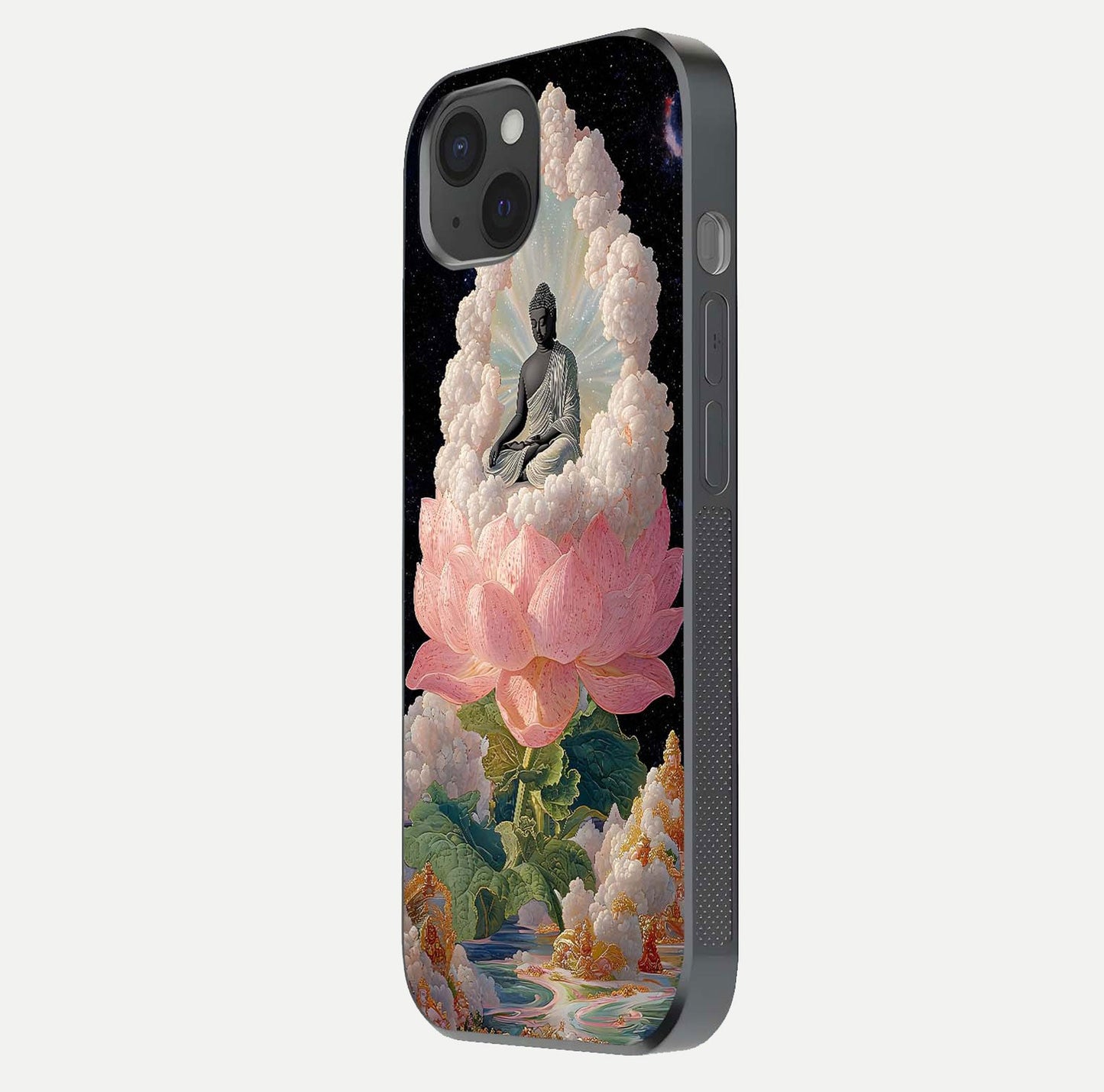 Lotus Divine Peace Glass Case for iPhone 15 Plus side-angle shot showing elegant shine and floral symmetry