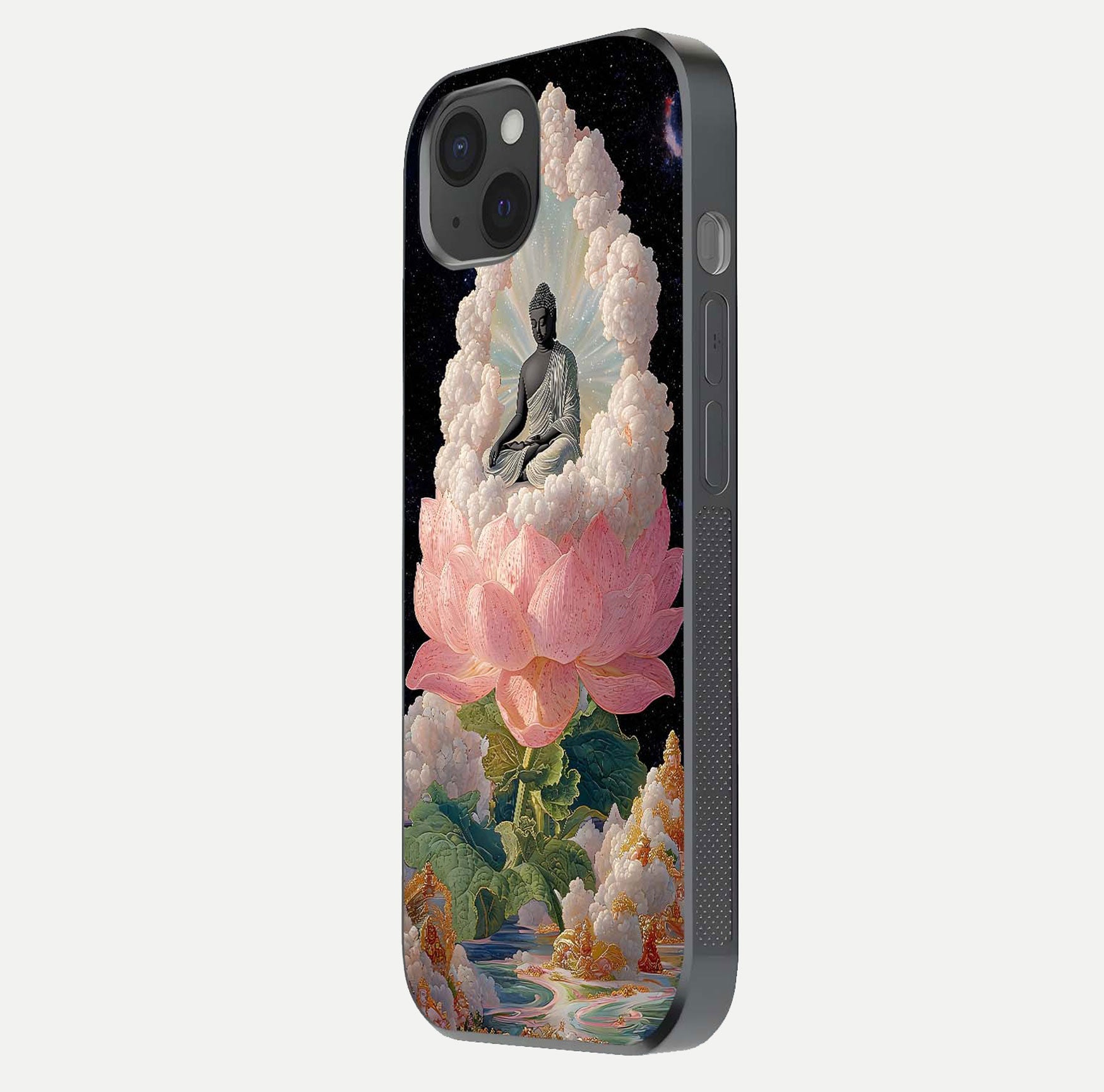 Lotus Divine Peace Glass Case for iPhone 15 Plus side-angle shot showing elegant shine and floral symmetry