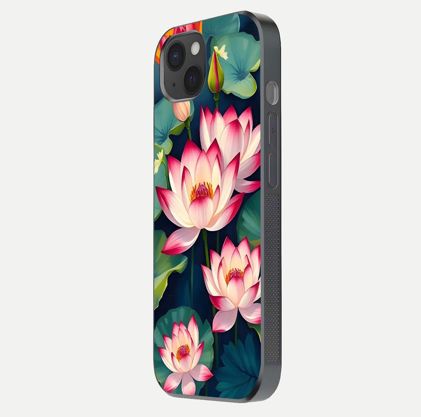 Lotus Dream Serenity Glass Case for iPhone 15 Plus side-angle image revealing reflection clarity and calm tones