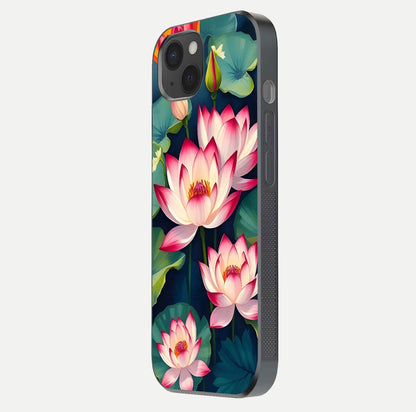 Lotus Dream Serenity Glass Case for iPhone 15 Plus side-angle image revealing reflection clarity and calm tones